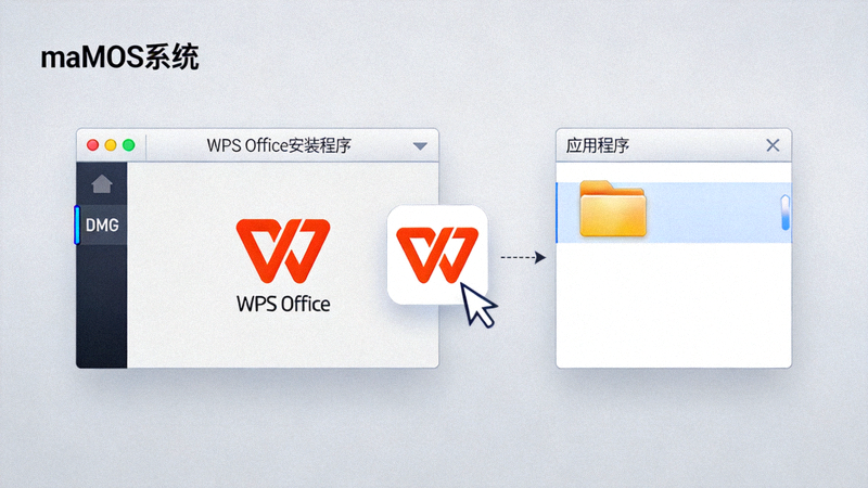 macOS系统打开DMG安装文件后的窗口，展示将WPS Office应用图标拖拽到应用程序文件夹的示意图
