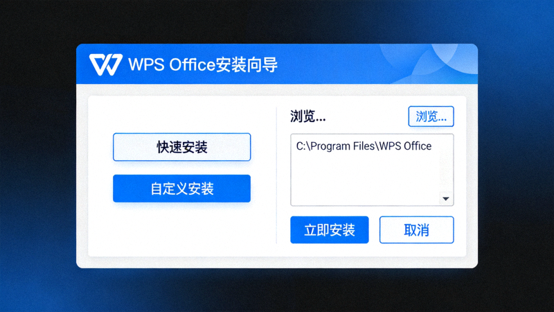 WPS Office安装向导界面，展示自定义安装选项和安装路径设置