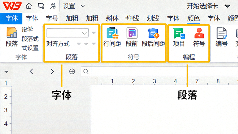 WPS文字处理软件的开始选项卡界面，高亮显示字体和段落格式设置功能区
